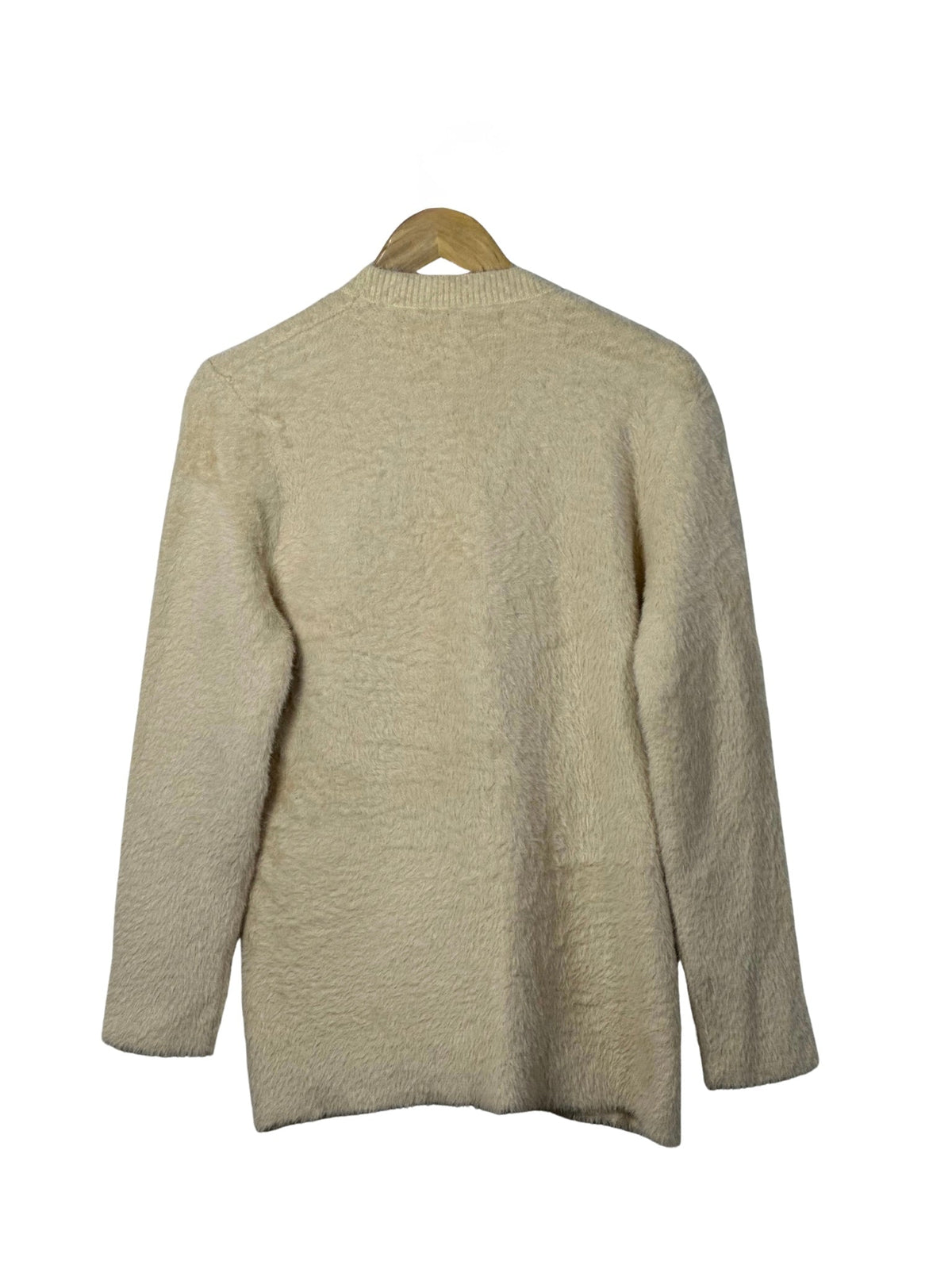 Cozy&Drape beige full sleeve cardigan sweater with a soft textured knit fabric on a wooden hanger