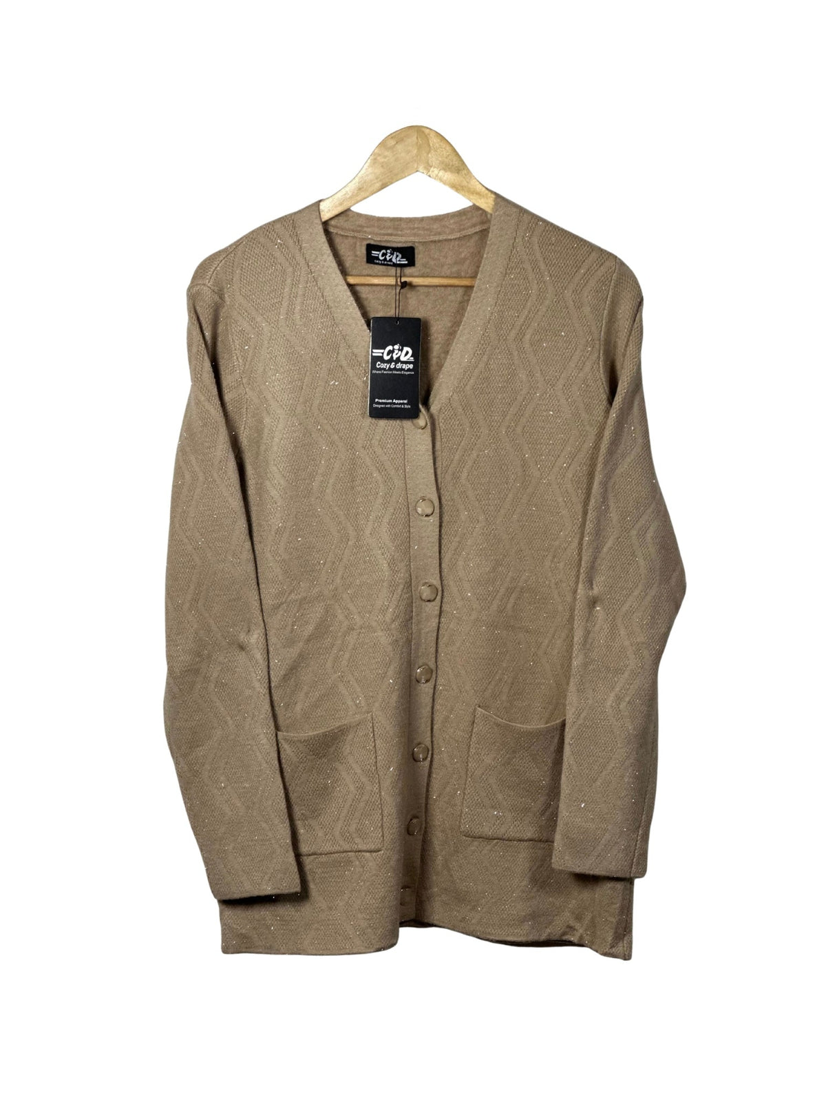 Cozy&Drape beige full sleeve cardigan sweater with a textured diamond pattern, front buttons, and two pockets.