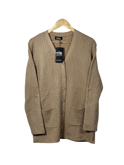 Cozy&Drape beige full sleeve cardigan sweater with a textured diamond pattern, front buttons, and two pockets.