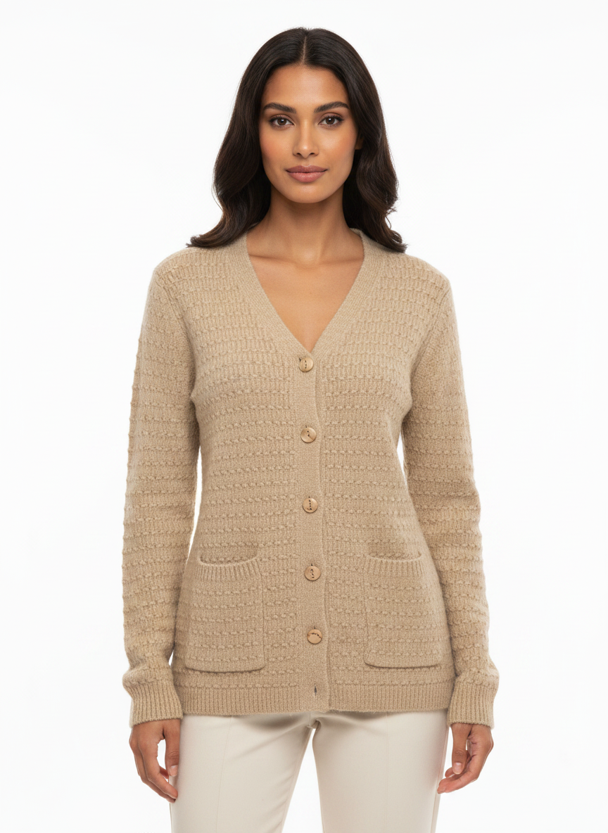 Model wearing a Cozy&Drape beige textured knit V-neck button-up cardigan with two front pockets.