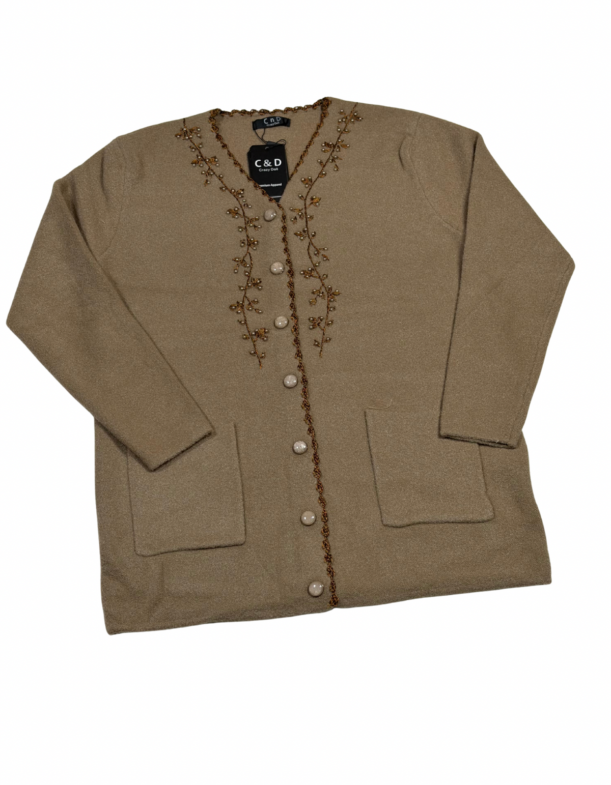 Cozy&Drape beige wool cardigan with front buttons, pockets, and delicate beaded embroidery along the V-neckline.