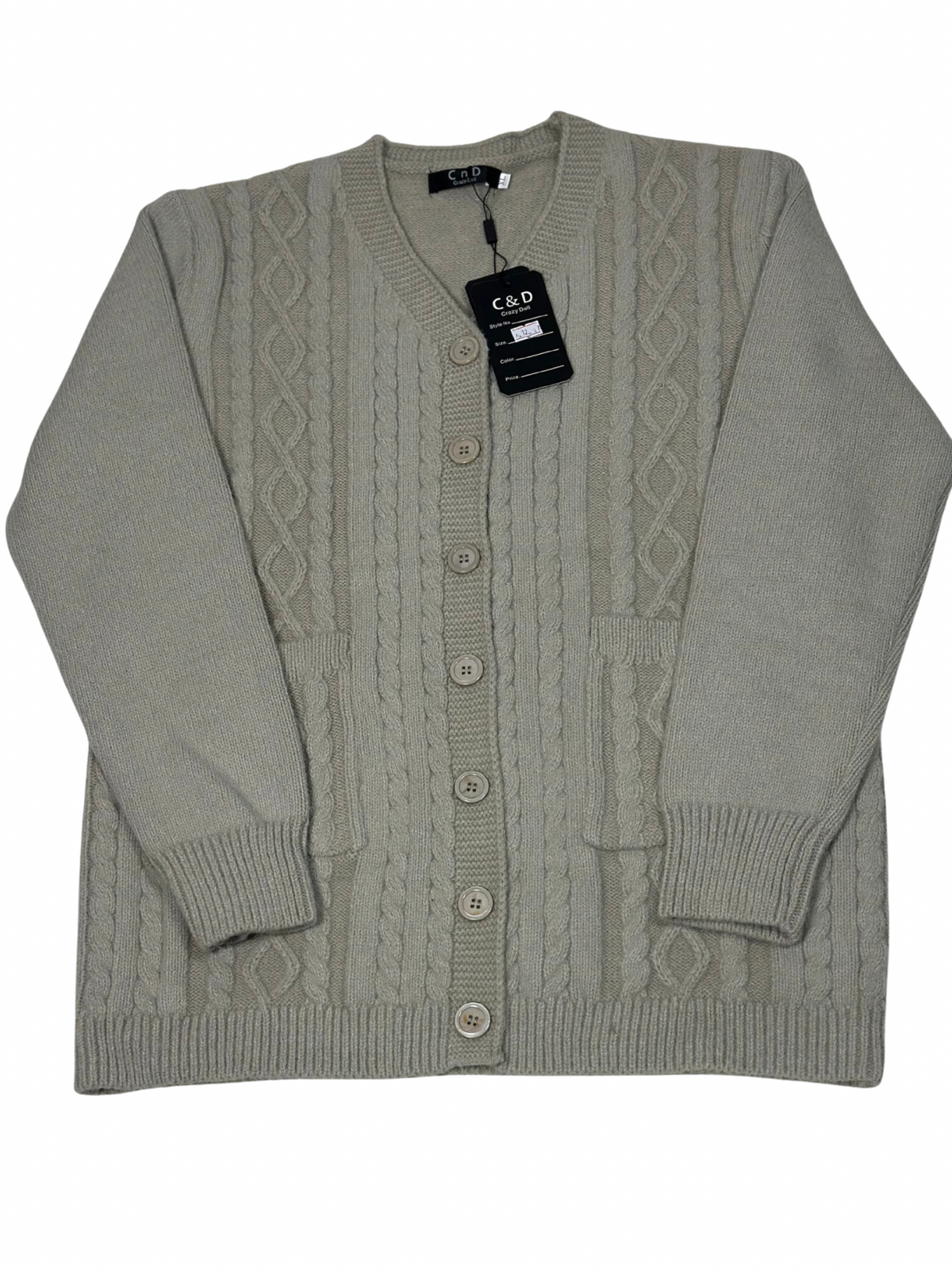 Cozy&Drape beige wool cardigan sweater with cable knit texture, front button closure, and two patch pockets.