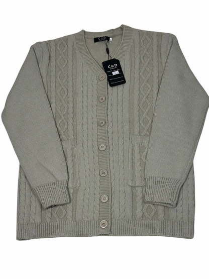 Cozy&Drape beige wool cardigan sweater with cable knit texture, front button closure, and two patch pockets.