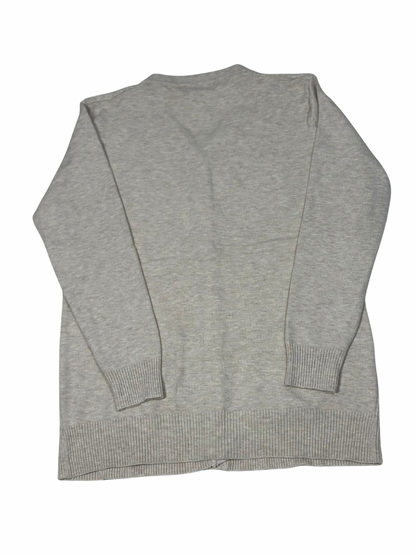 Cozy&Drape beige wool cardigan sweater with full sleeves and ribbed cuffs shown from the back