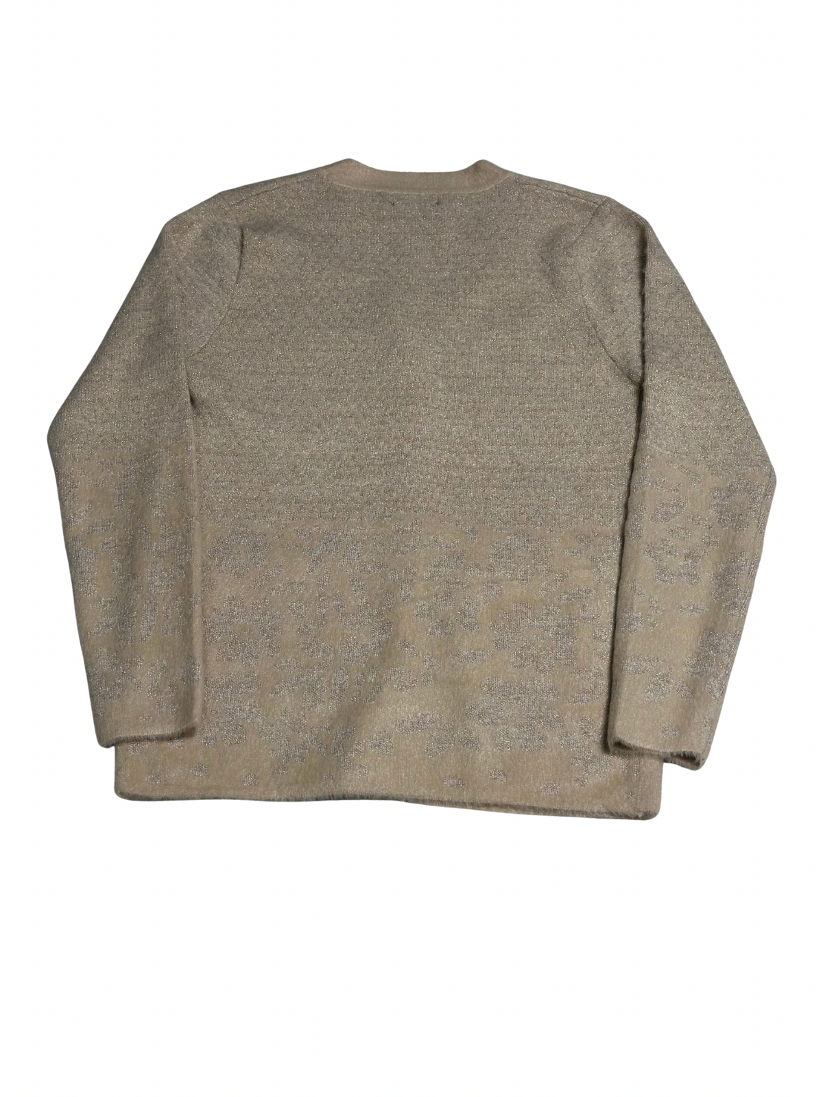 Cozy&Drape Smart Mama wool cardigan sweater in beige with a subtle shimmering pattern, back view.