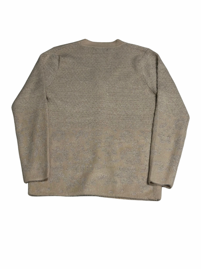 Cozy&Drape Smart Mama wool cardigan sweater in beige with a subtle shimmering pattern, back view.