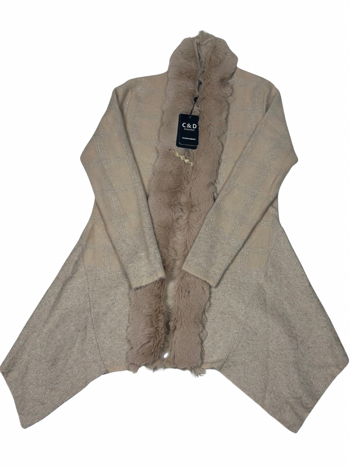 Cozy&Drape beige wool cardigan shrug with attached faux fur muffler and subtle metallic grid pattern