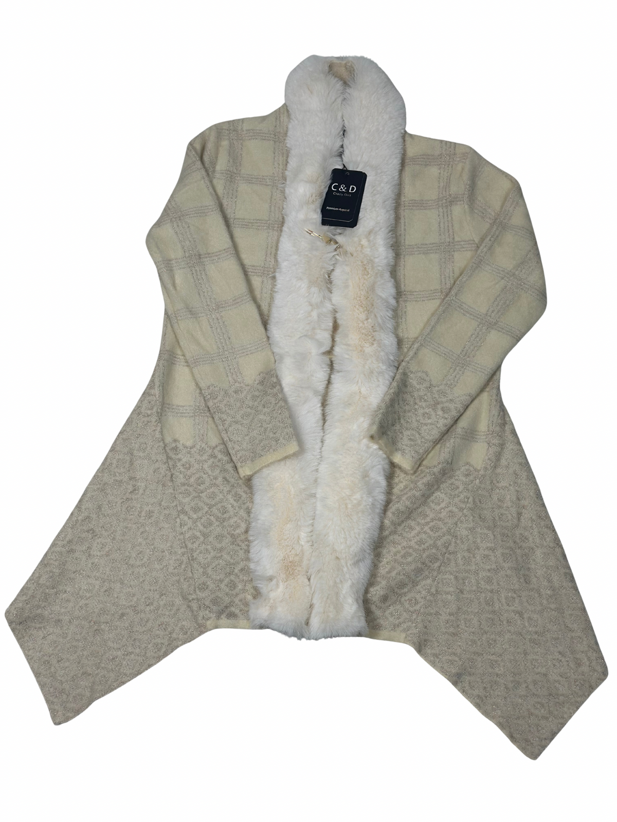 Cozy&Drape beige wool cardigan shrug with an attached white faux fur muffler and a subtle checkered pattern.