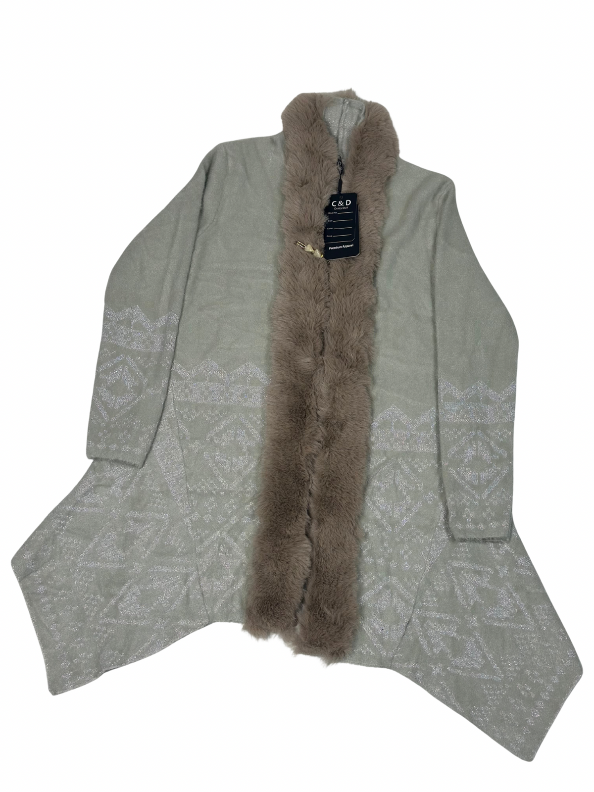 Cozy&Drape beige wool cardigan shrug with attached faux fur muffler and subtle geometric pattern