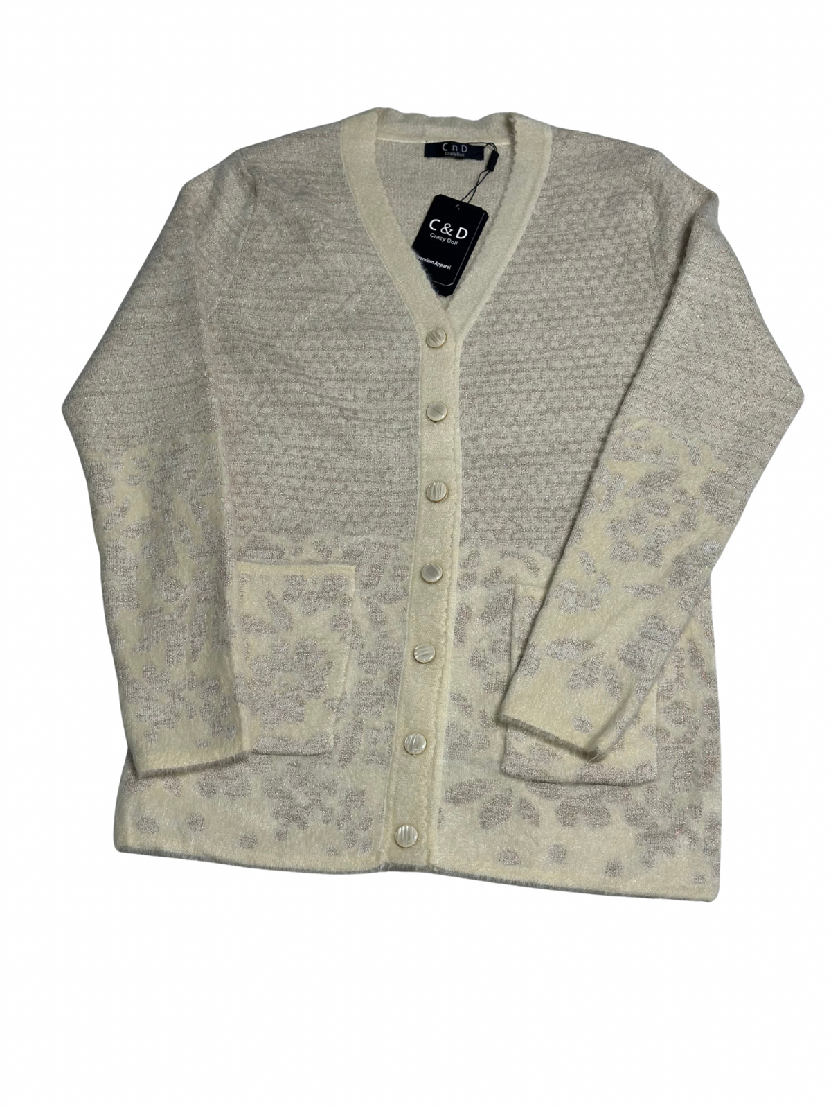 Cozy&Drape full sleeve wool cardigan in cream with subtle floral pattern, front buttons, and two patch pockets.