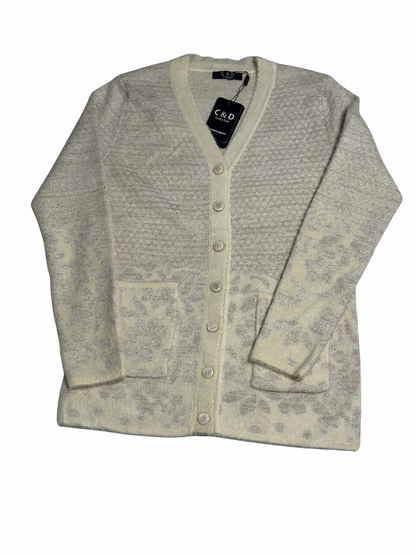Cozy&Drape full sleeve wool cardigan in cream with subtle floral pattern, front buttons, and two patch pockets.