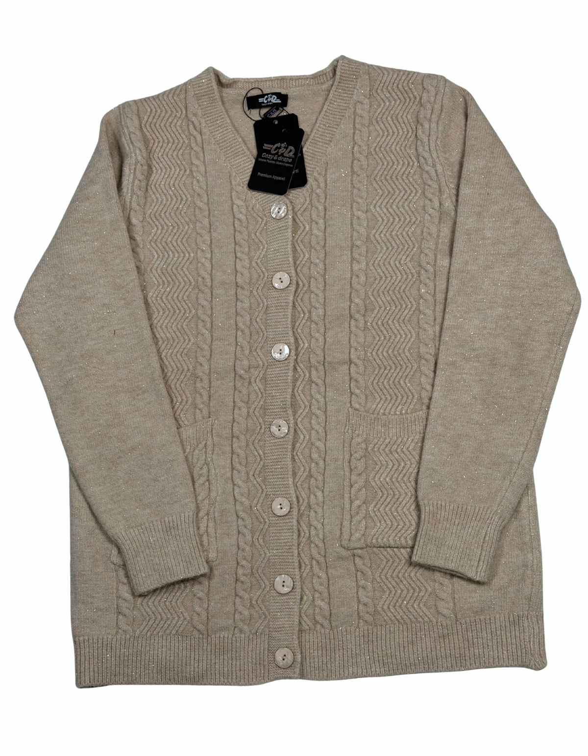 Cozy&Drape beige wool cardigan with cable knit texture, front button closure, and two patch pockets.
