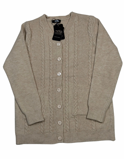 Cozy&Drape beige wool cardigan with cable knit texture, front button closure, and two patch pockets.