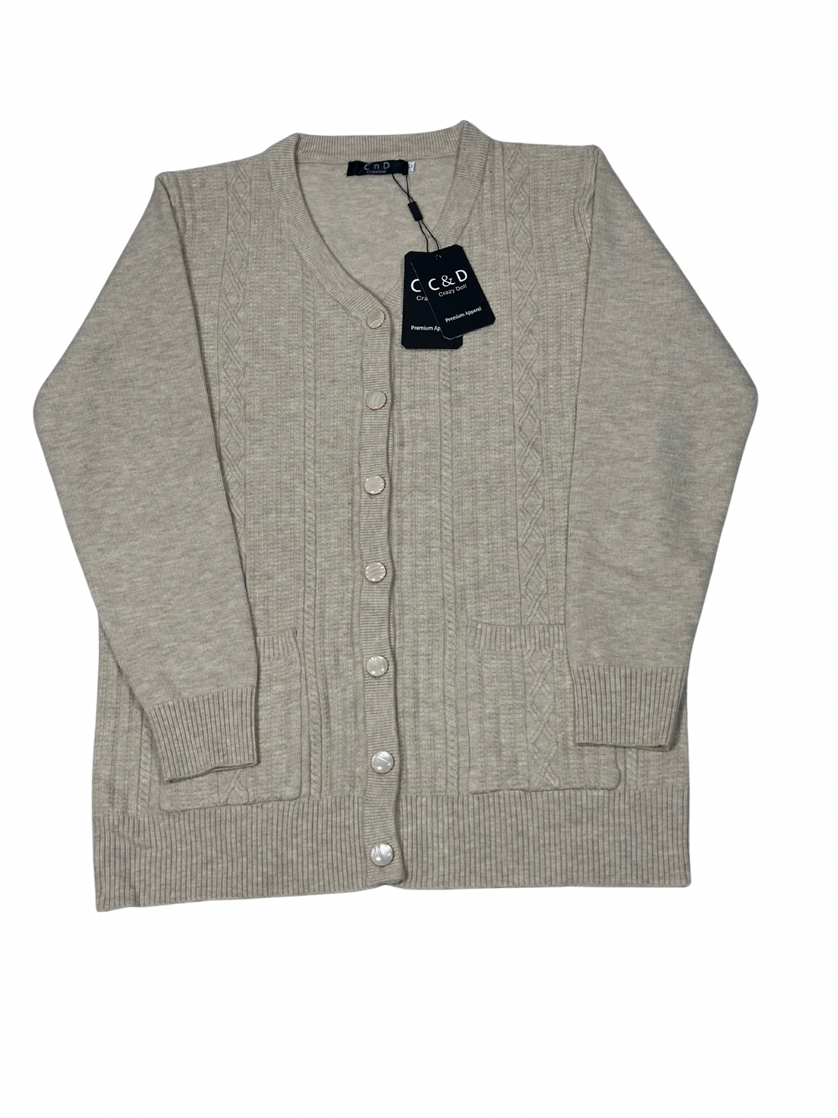 Cozy&Drape beige wool cardigan sweater with a V-neck, button-down front, and two convenient front pockets.