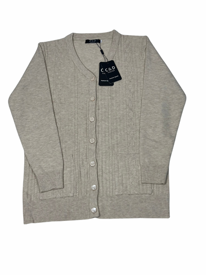 Cozy&Drape beige wool cardigan sweater with a V-neck, button-down front, and two convenient front pockets.