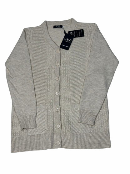 Cozy&Drape beige wool cardigan sweater with a V-neck, button-down front, and two functional pockets.