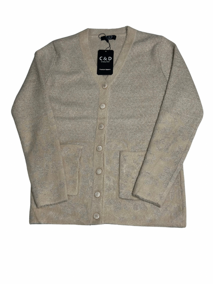 Cozy&Drape beige wool cardigan sweater with front pockets, button-down closure, and long sleeves.