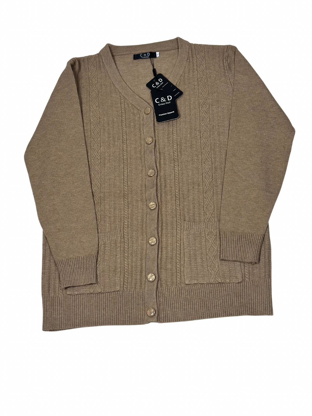 Cozy&Drape beige wool cardigan sweater with cable knit texture, front buttons, and two pockets.