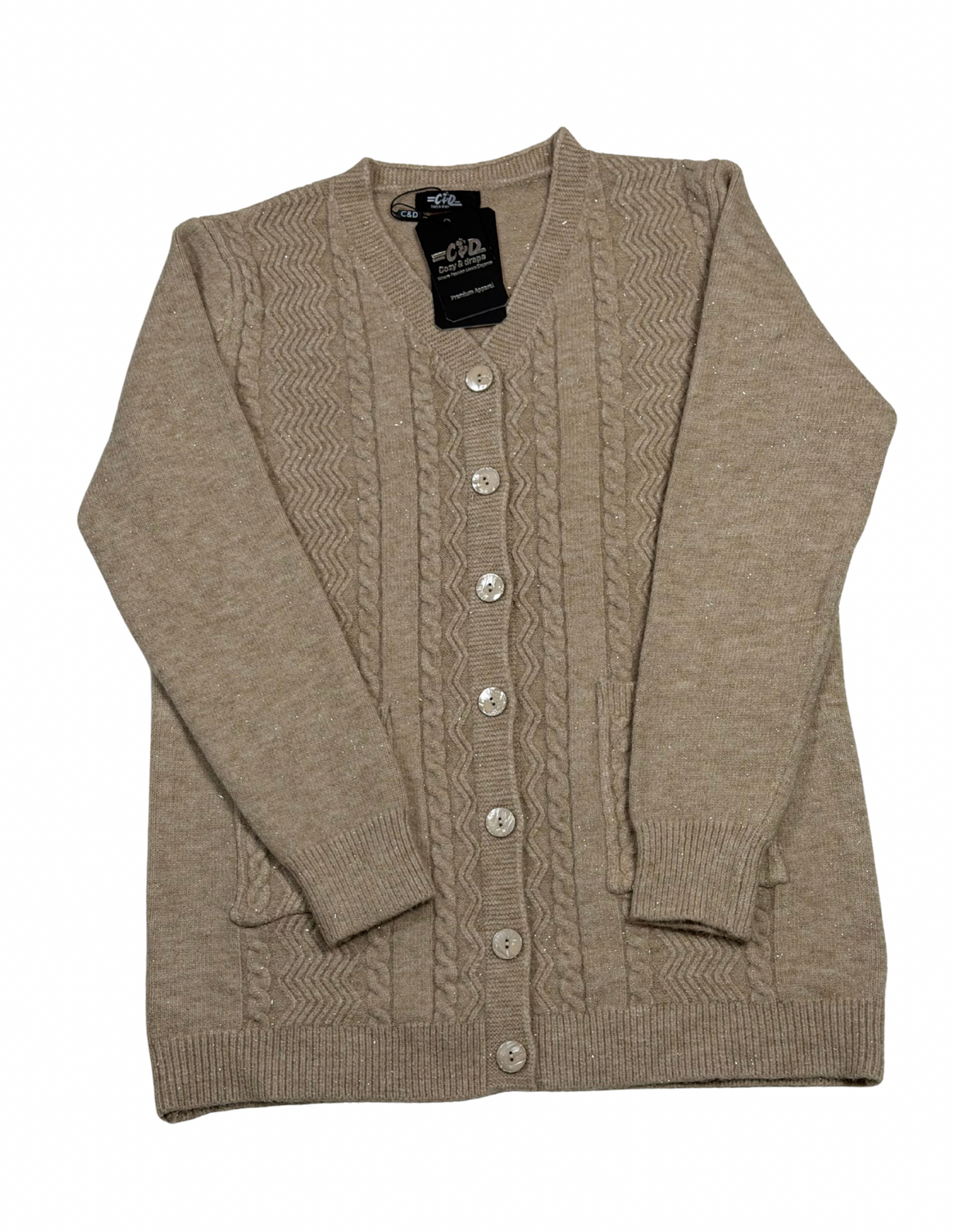Cozy&Drape beige wool cardigan sweater with cable knit pattern, front buttons, and pockets on a white background