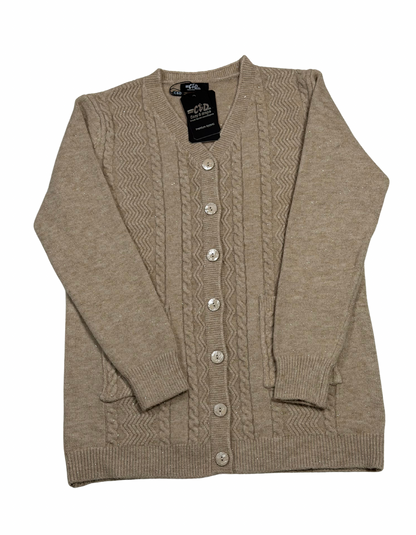 Cozy&Drape beige wool cardigan sweater with cable knit pattern, front buttons, and pockets on a white background