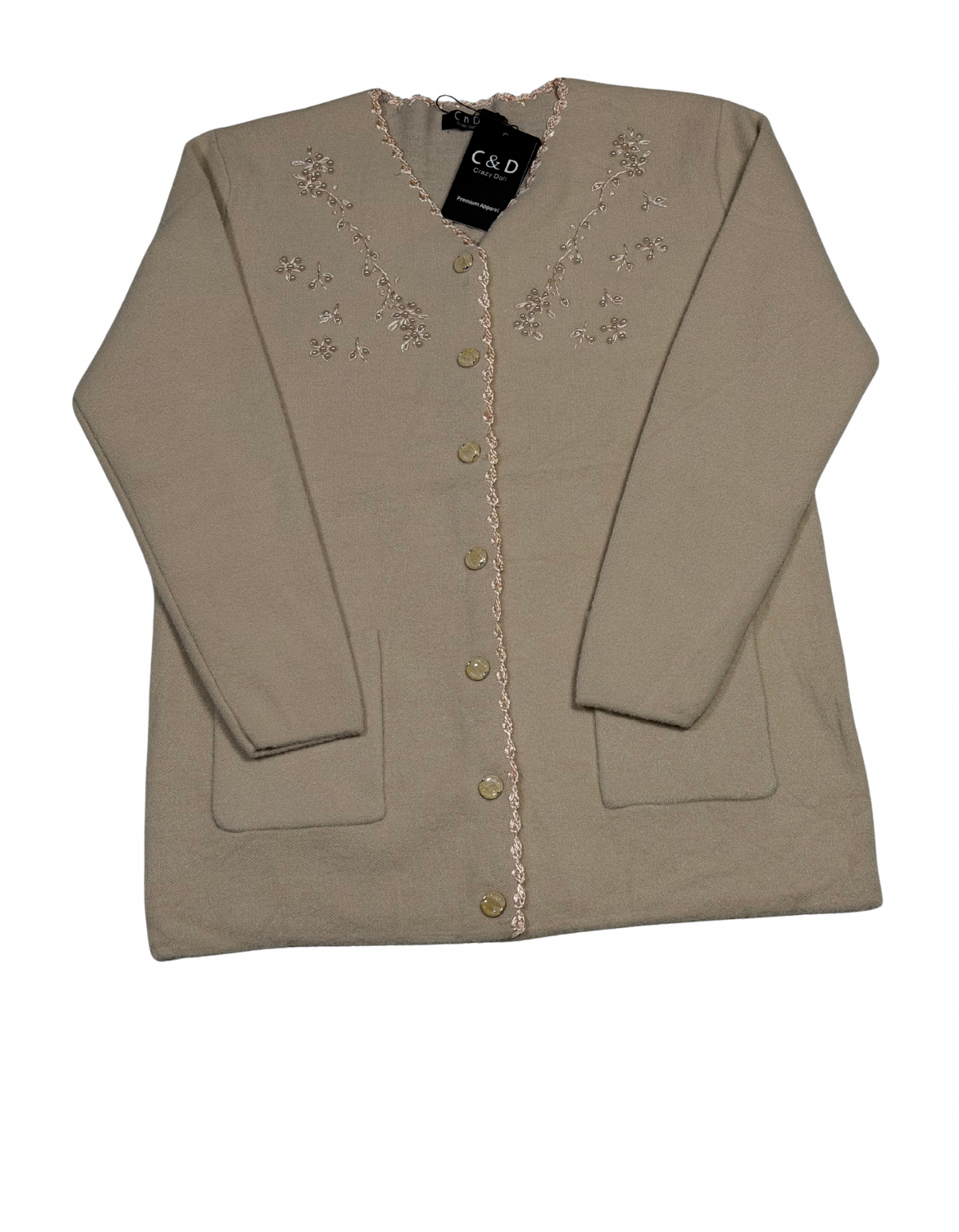 Cozy&Drape beige wool cardigan with floral embroidery, front buttons, and pockets for a soft, cozy layered look.