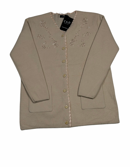 Cozy&Drape beige wool cardigan with floral embroidery, front buttons, and pockets for a soft, cozy layered look.