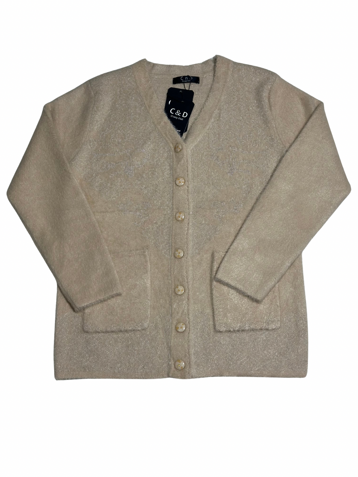 Cozy&Drape beige wool cardigan sweater with long sleeves, front button closure, and two convenient patch pockets.