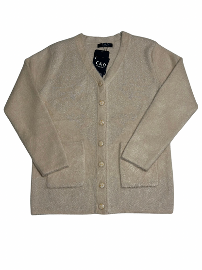 Cozy&Drape beige wool cardigan sweater with long sleeves, front button closure, and two convenient patch pockets.