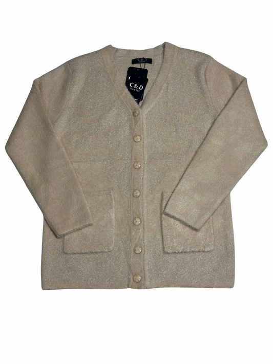 Cozy&Drape beige wool cardigan sweater with long sleeves, front button closure, and two convenient patch pockets.