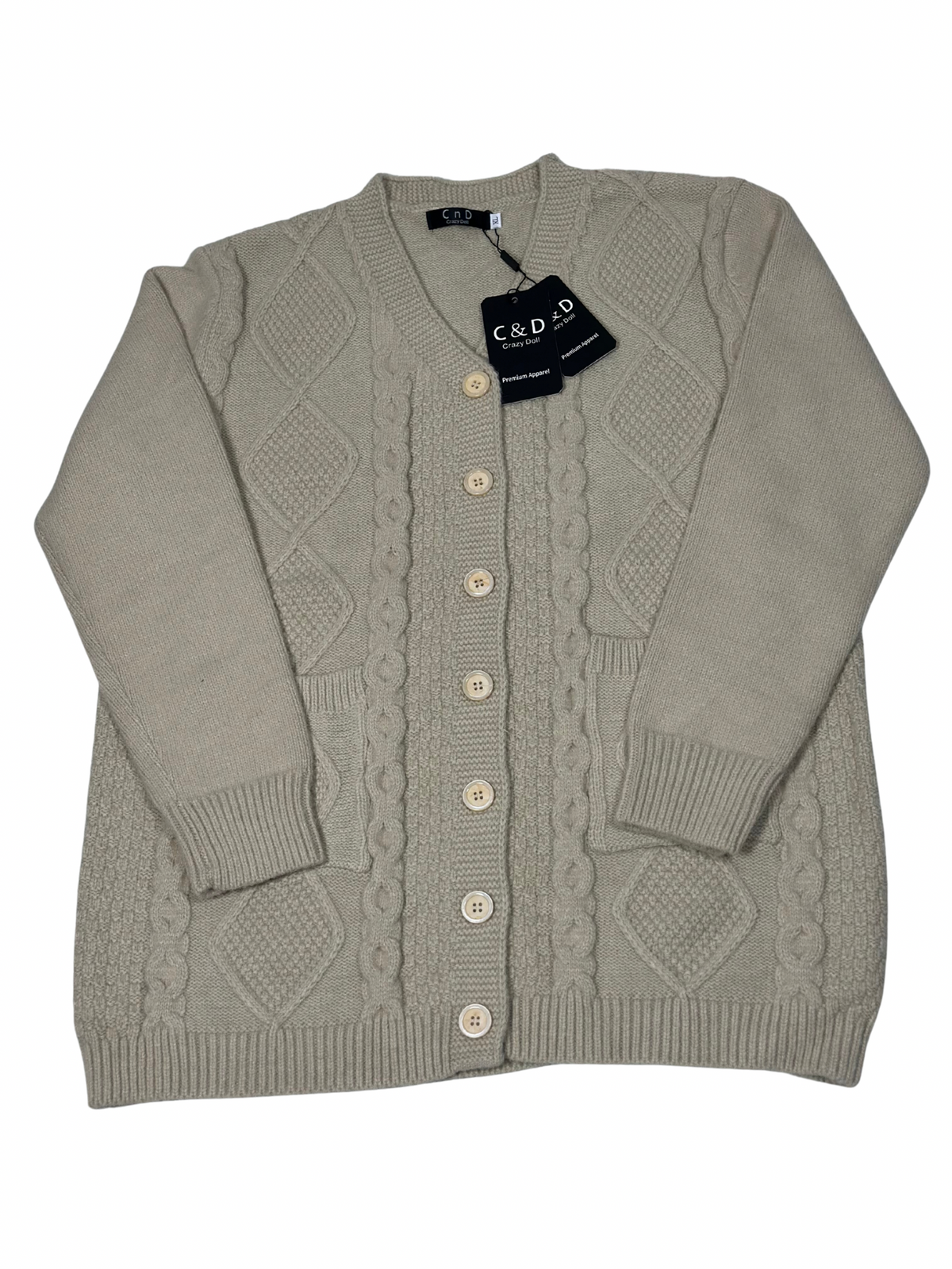 Cozy&Drape beige wool cardigan sweater with cable knit pattern, button front, and two pockets on a white background.