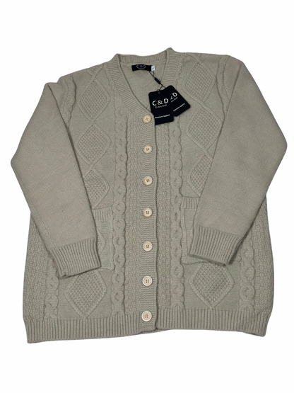 Cozy&Drape beige wool cardigan sweater with cable knit pattern, button front, and two pockets on a white background.