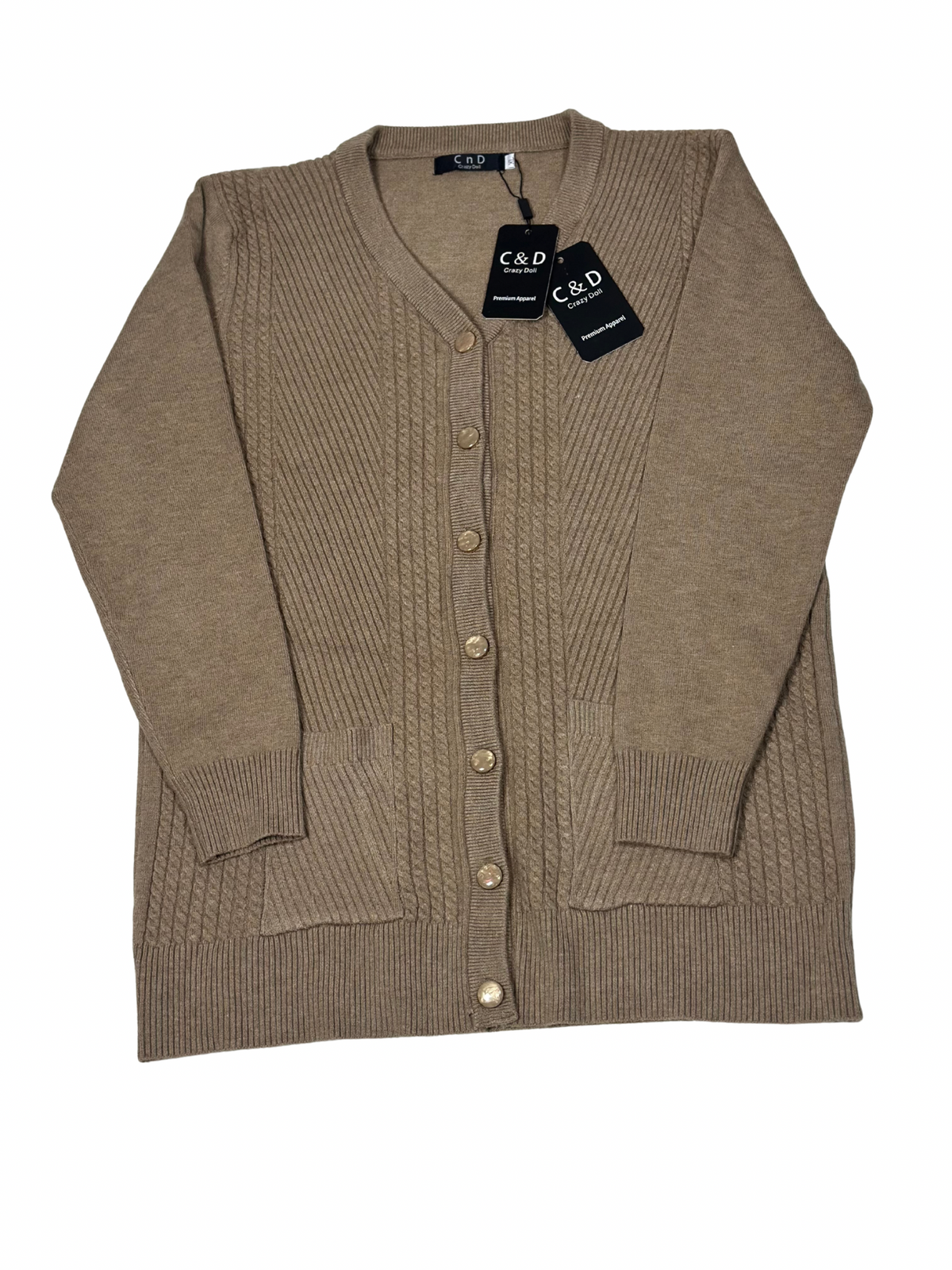 Cozy&Drape beige wool cardigan sweater with a V-neck, button-down front, and two front pockets.