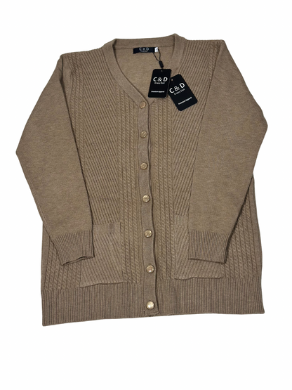 Cozy&Drape beige wool cardigan sweater with a V-neck, button-down front, and two front pockets.