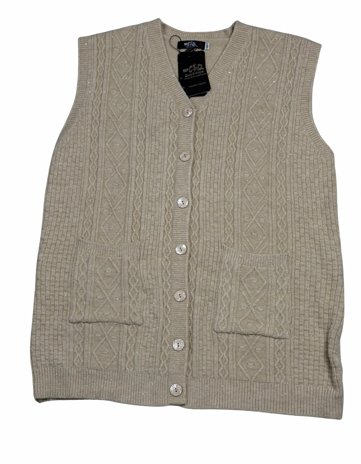 Cozy&Drape beige sleeveless wool cardigan sweater with cable knit pattern, button front, and two front pockets.
