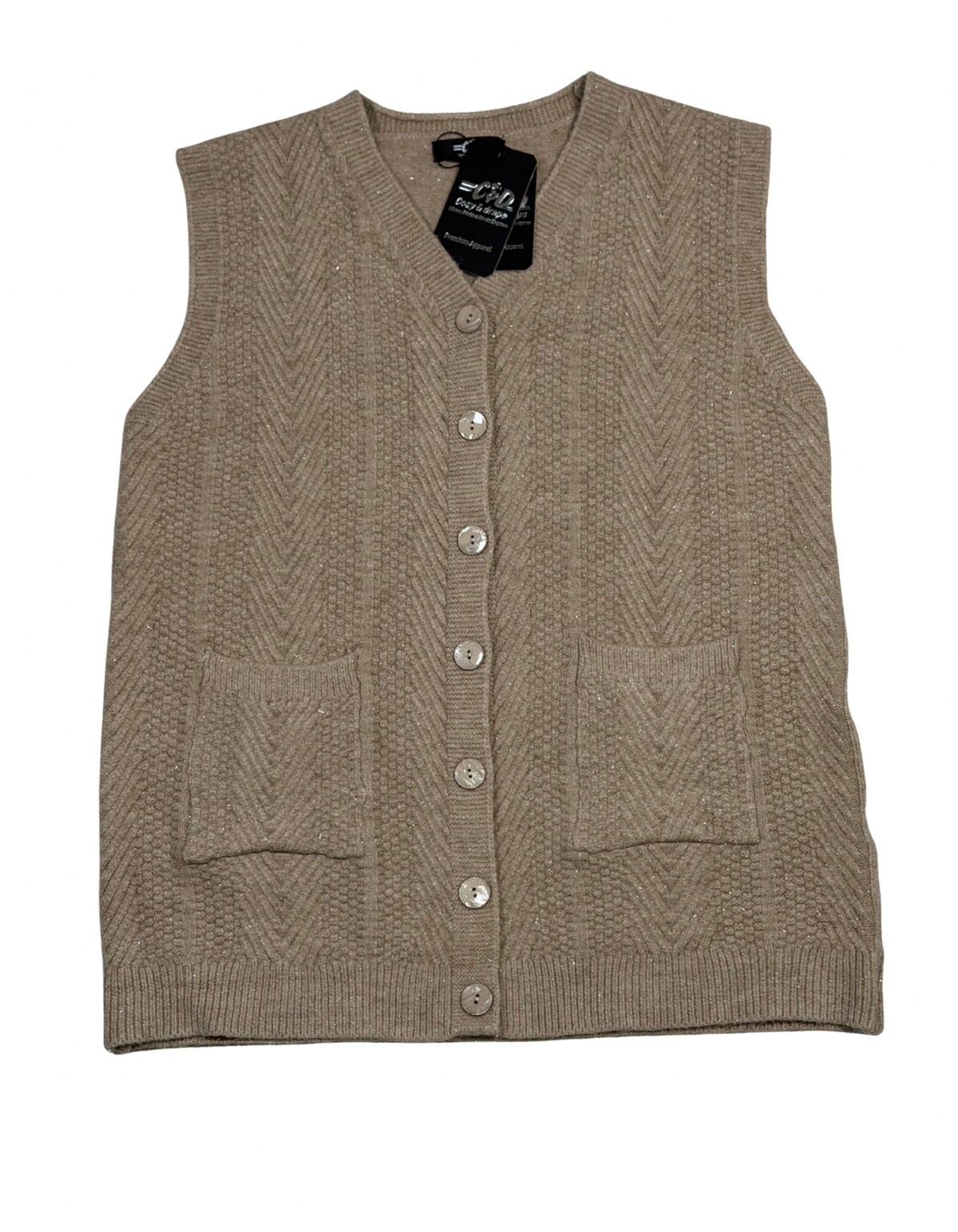 Cozy&Drape sleeveless wool cardigan sweater in beige with a button-up front, V-neck, and two patch pockets.