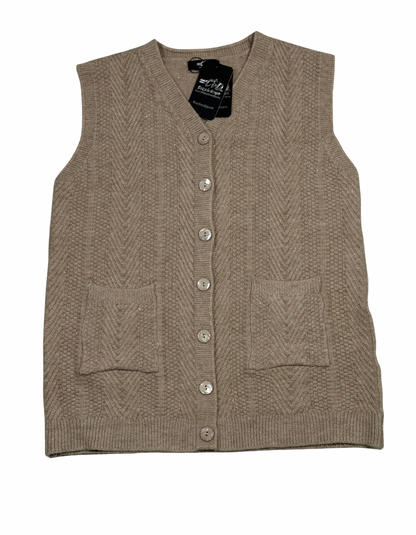 Cozy&Drape sleeveless wool cardigan sweater in beige with a button-up front, V-neck, and two patch pockets.