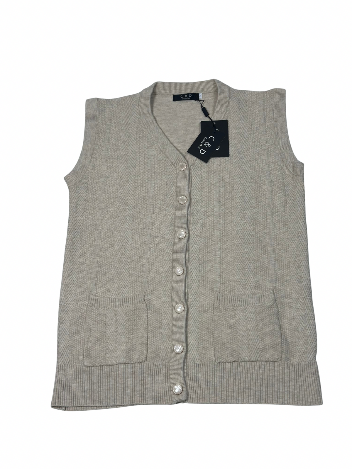 Cozy&Drape sleeveless wool cardigan sweater in beige with a button-front closure and two front pockets.