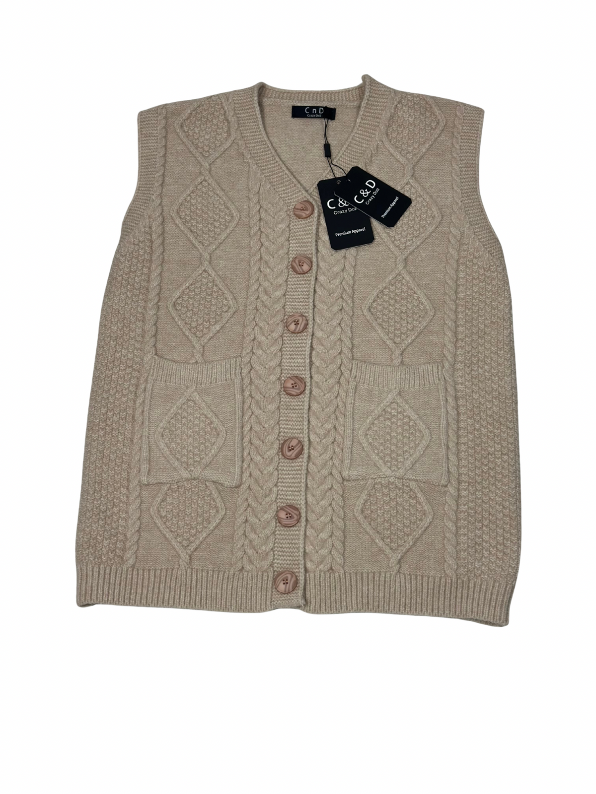 Cozy&Drape beige wool sleeveless cardigan sweater with cable knit pattern, front buttons, and two patch pockets.