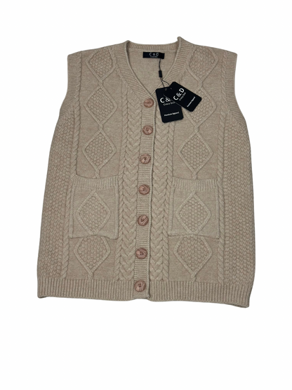 Cozy&Drape beige wool sleeveless cardigan sweater with cable knit pattern, front buttons, and two patch pockets.