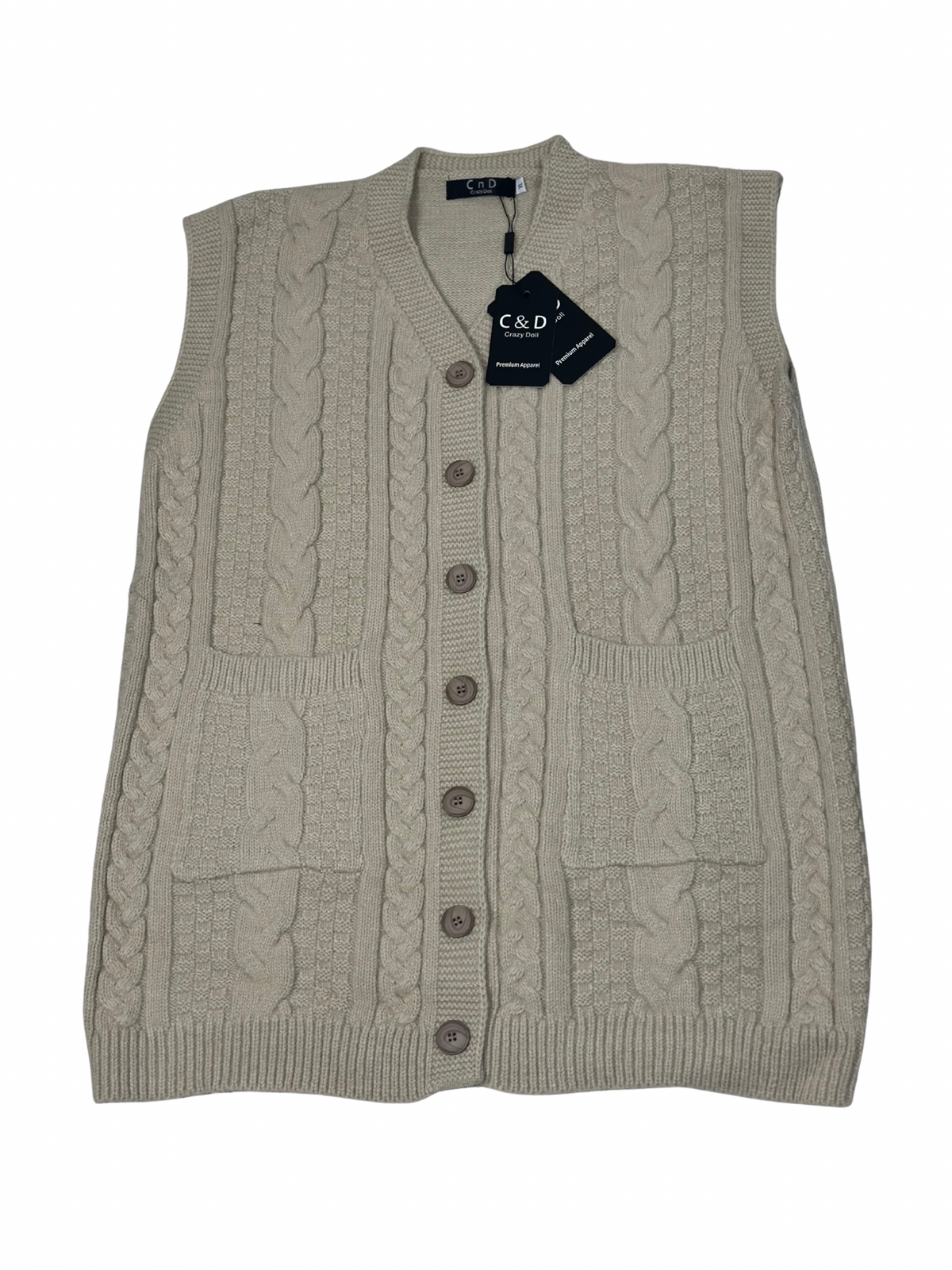 Cozy&Drape beige wool sleeveless cardigan sweater with cable knit pattern, front buttons, and two patch pockets.