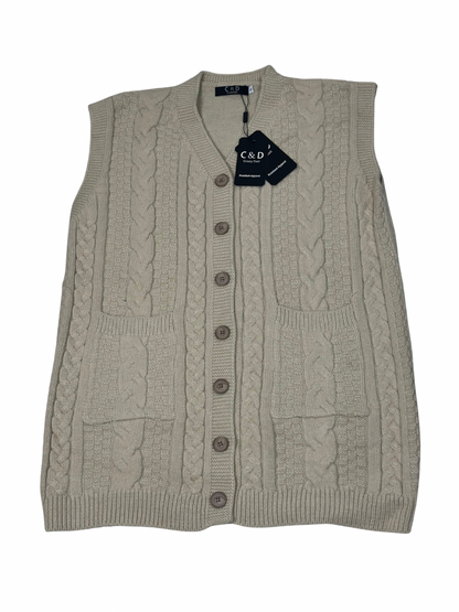 Cozy&Drape beige wool sleeveless cardigan sweater with cable knit pattern, front buttons, and two patch pockets.