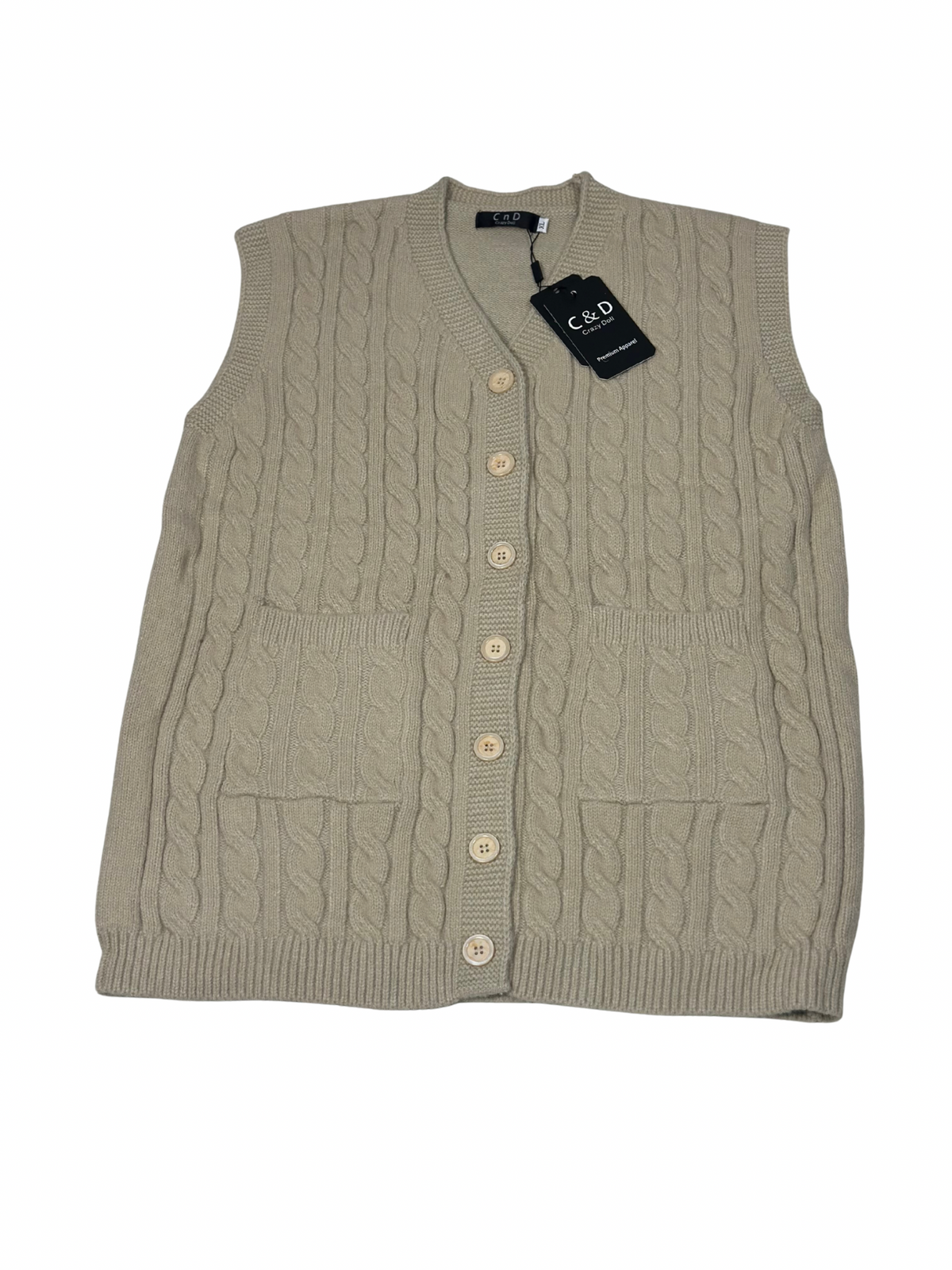 Cozy&Drape sleeveless wool cardigan sweater in beige with cable knit pattern, front buttons, and two pockets.