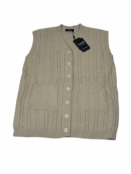 Cozy&Drape sleeveless wool cardigan sweater in beige with cable knit pattern, front buttons, and two pockets.
