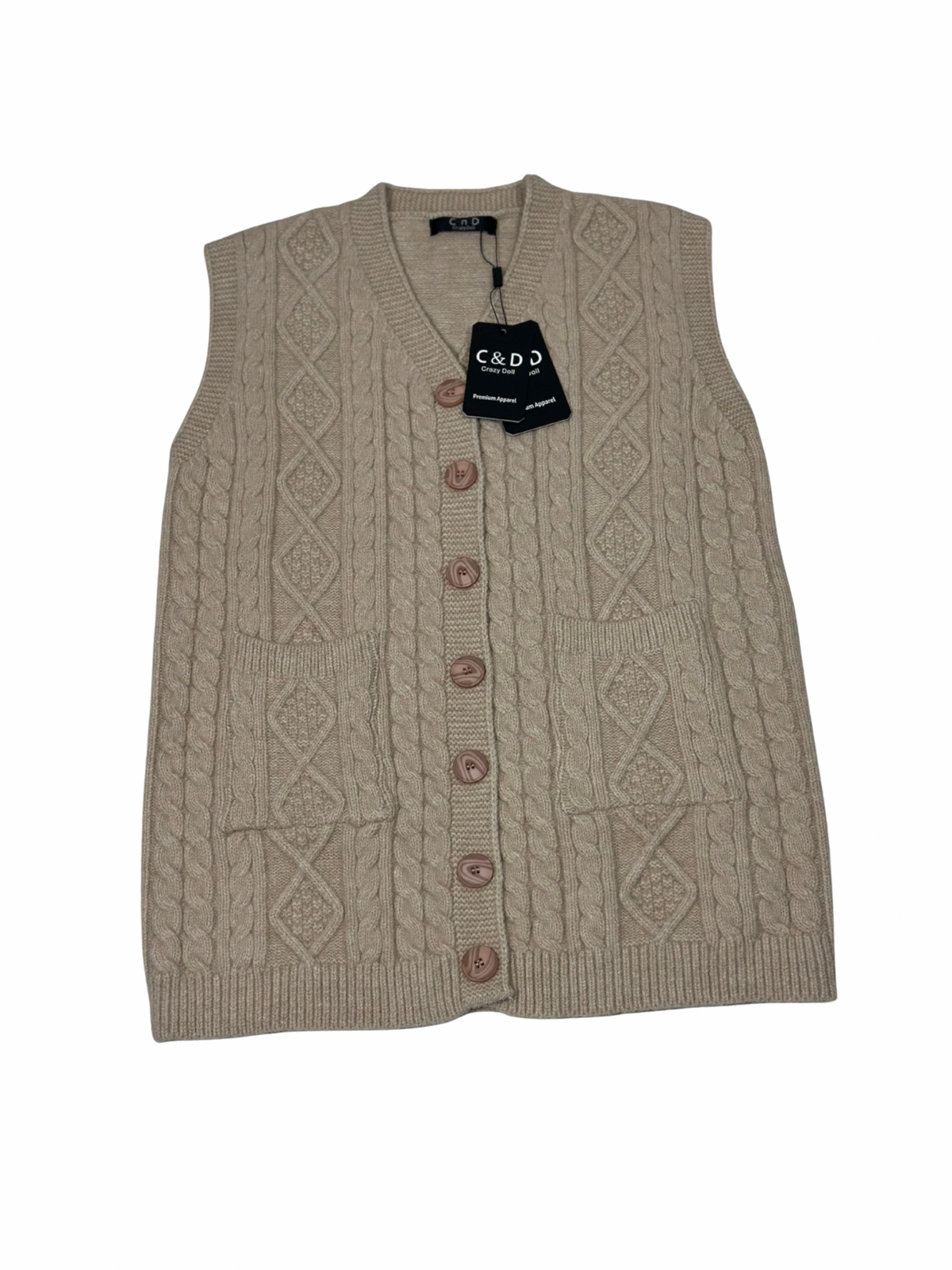 Cozy&Drape sleeveless wool cardigan sweater in beige with cable knit pattern, front buttons, and two patch pockets.