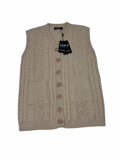 Cozy&Drape sleeveless wool cardigan sweater in beige with cable knit pattern, front buttons, and two patch pockets.