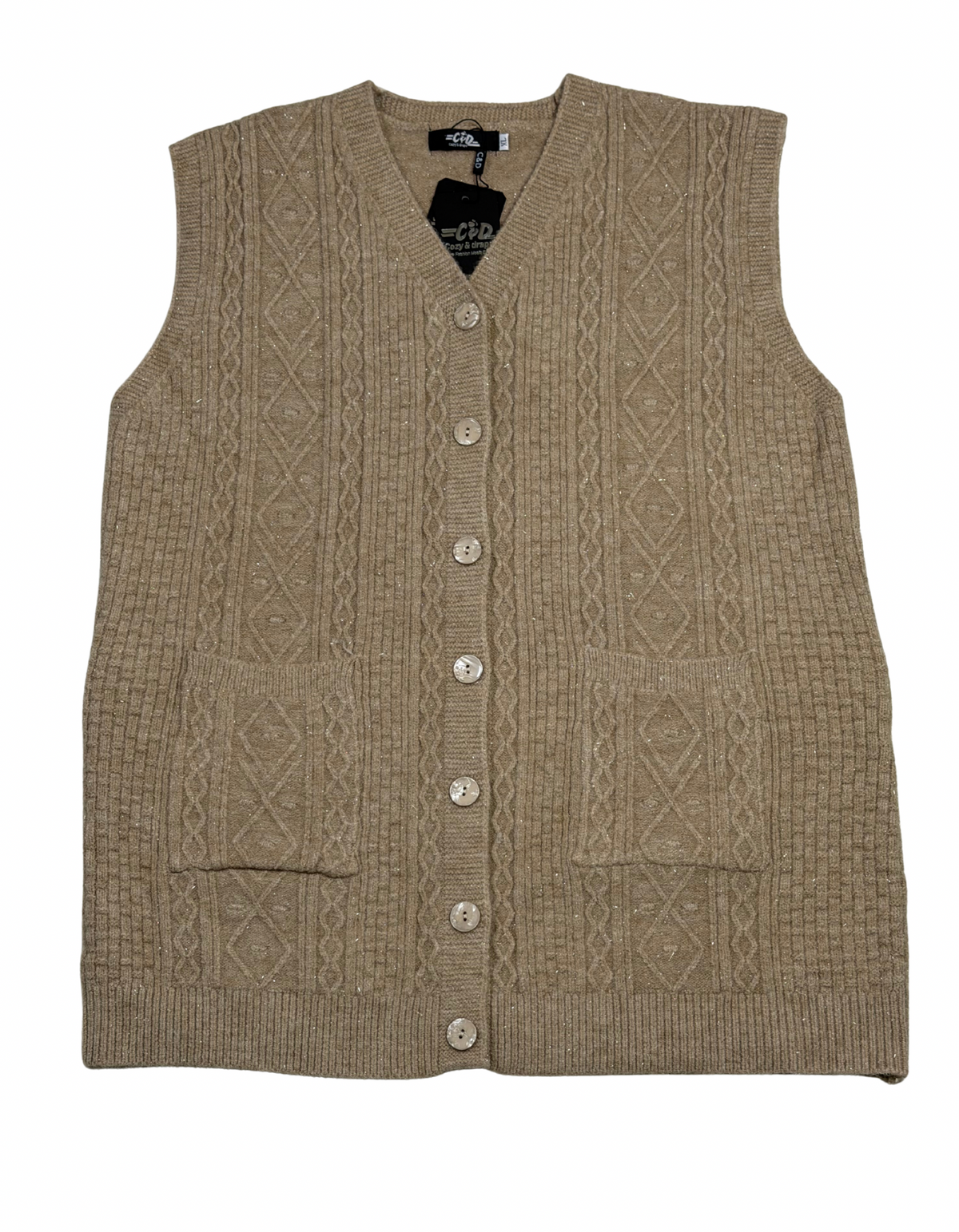 Cozy&Drape sleeveless wool cardigan sweater in beige with cable knit texture, front buttons, and two patch pockets.