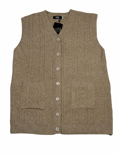 Cozy&Drape sleeveless wool cardigan sweater in beige with cable knit texture, front buttons, and two patch pockets.