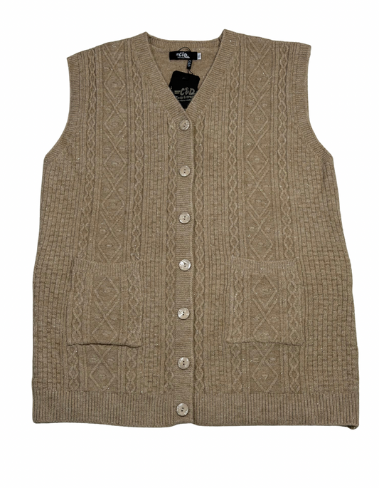 Cozy&Drape sleeveless wool cardigan sweater in beige with cable knit texture, front buttons, and two patch pockets.