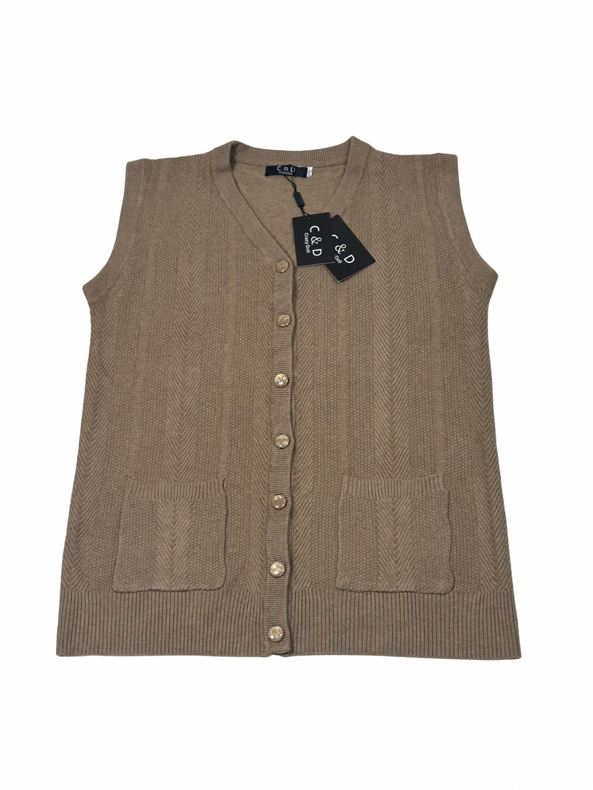 Cozy&Drape sleeveless wool cardigan sweater in beige with a button-front design and two front pockets.