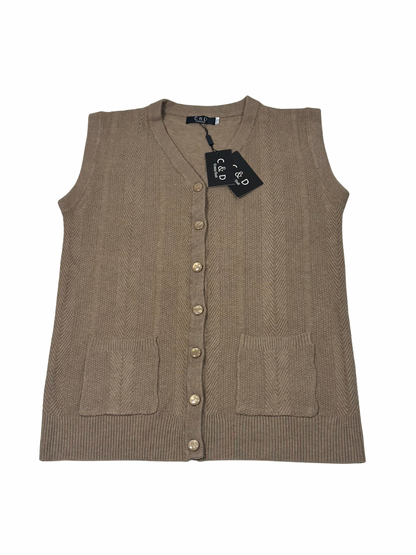 Cozy&Drape sleeveless wool cardigan sweater in beige with a button-front design and two front pockets.